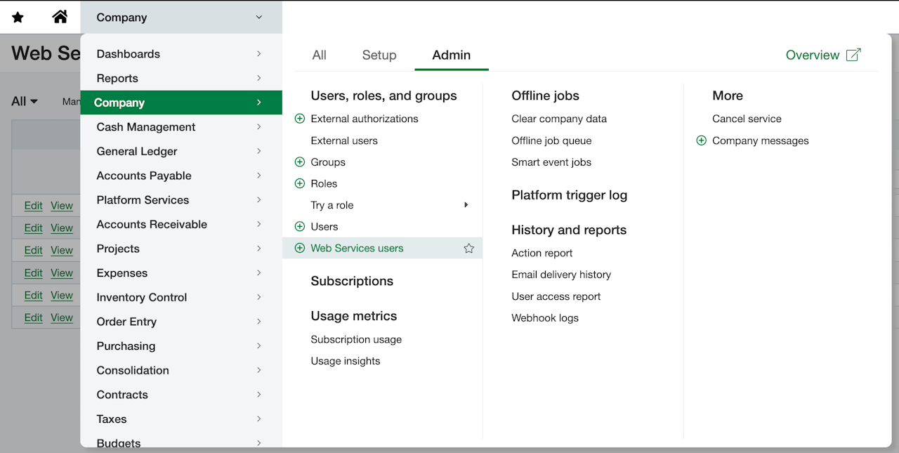 Company → Admin → Web Services users