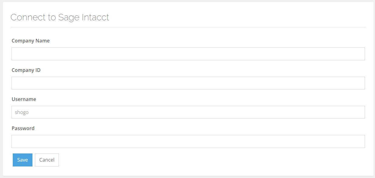 Connect to Sage Intacct screen in Shogo