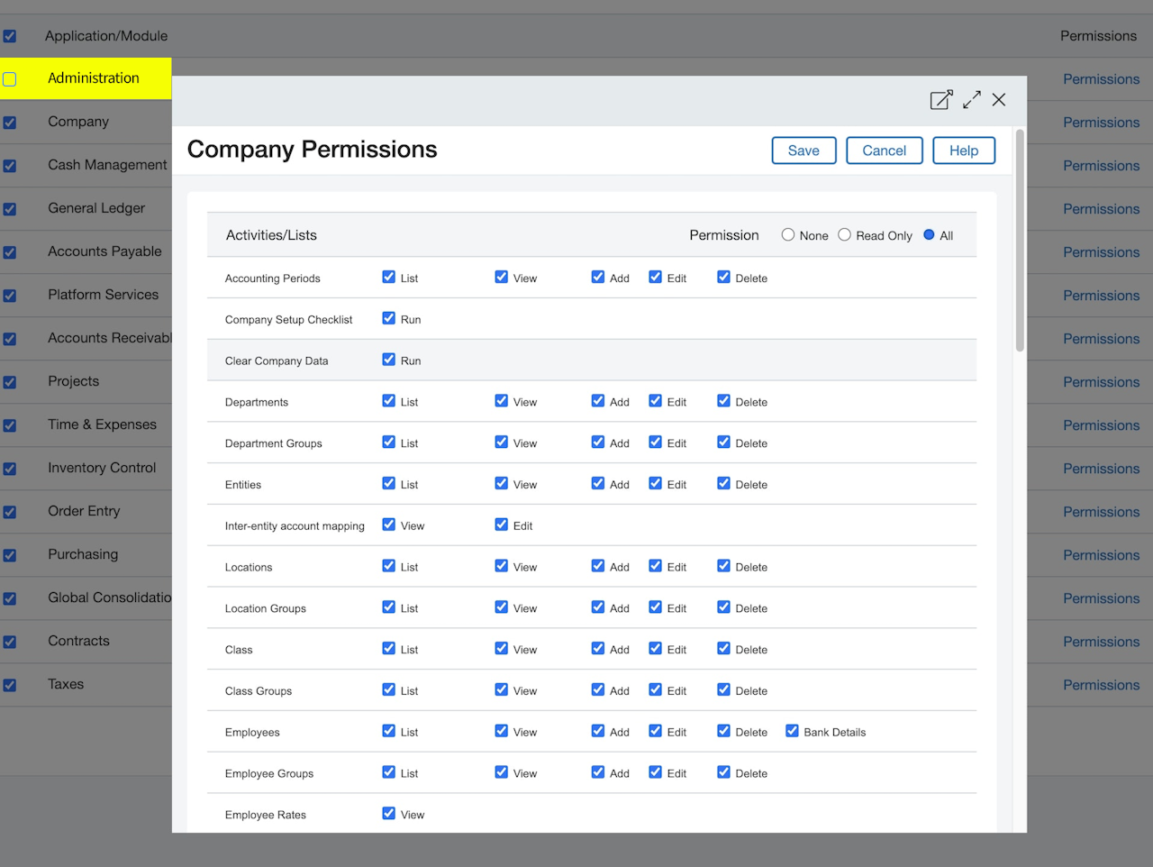 Set each permission set (except Administration) to All